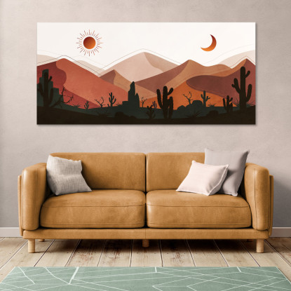 Quadro Boho Chic Illustrazione Paesaggio Deserto Montuoso Con Cactus Al Tramonto E Luna Crescente bol5 quadro stampato su tela