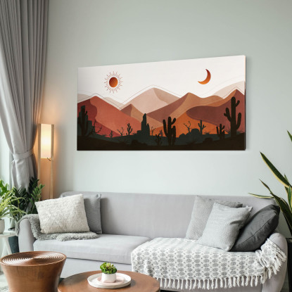 Quadro Boho Chic Illustrazione Paesaggio Deserto Montuoso Con Cactus Al Tramonto E Luna Crescente bol5 quadro stampato su tela