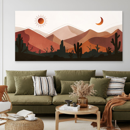 Quadro Boho Chic Illustrazione Paesaggio Deserto Montuoso Con Cactus Al Tramonto E Luna Crescente bol5 quadro stampato su tela