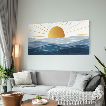 Quadro Boho Chic Illustrazione Paesaggio Alba Sul Mare Con Sole Dorato E Onde Blu bol6 quadro stampato su tela