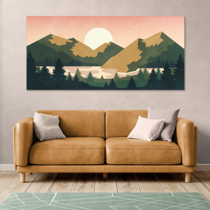 Quadro Boho Chic Illustrazione Paesaggio Tramonto Sulle Montagne Con Sole E Foresta bol8 quadro stampato su tela