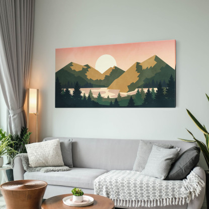 Quadro Boho Chic Illustrazione Paesaggio Tramonto Sulle Montagne Con Sole E Foresta bol8 quadro stampato su tela