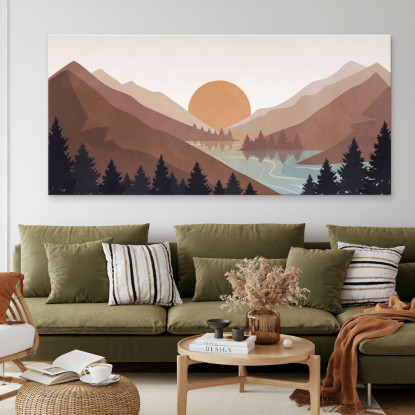 Quadro Boho Chic Illustrazione Paesaggio Tramonto Sulle Montagne Con Riflessi Sul Lago bol10 quadro stampato su tela