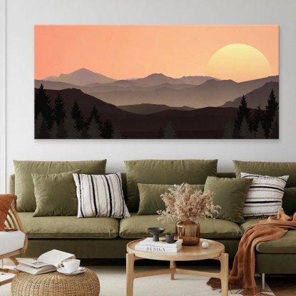 Quadro Boho Chic Illustrazione Paesaggio Tramonto Montuoso Con Sole E Foresta bol14 quadro stampato su tela