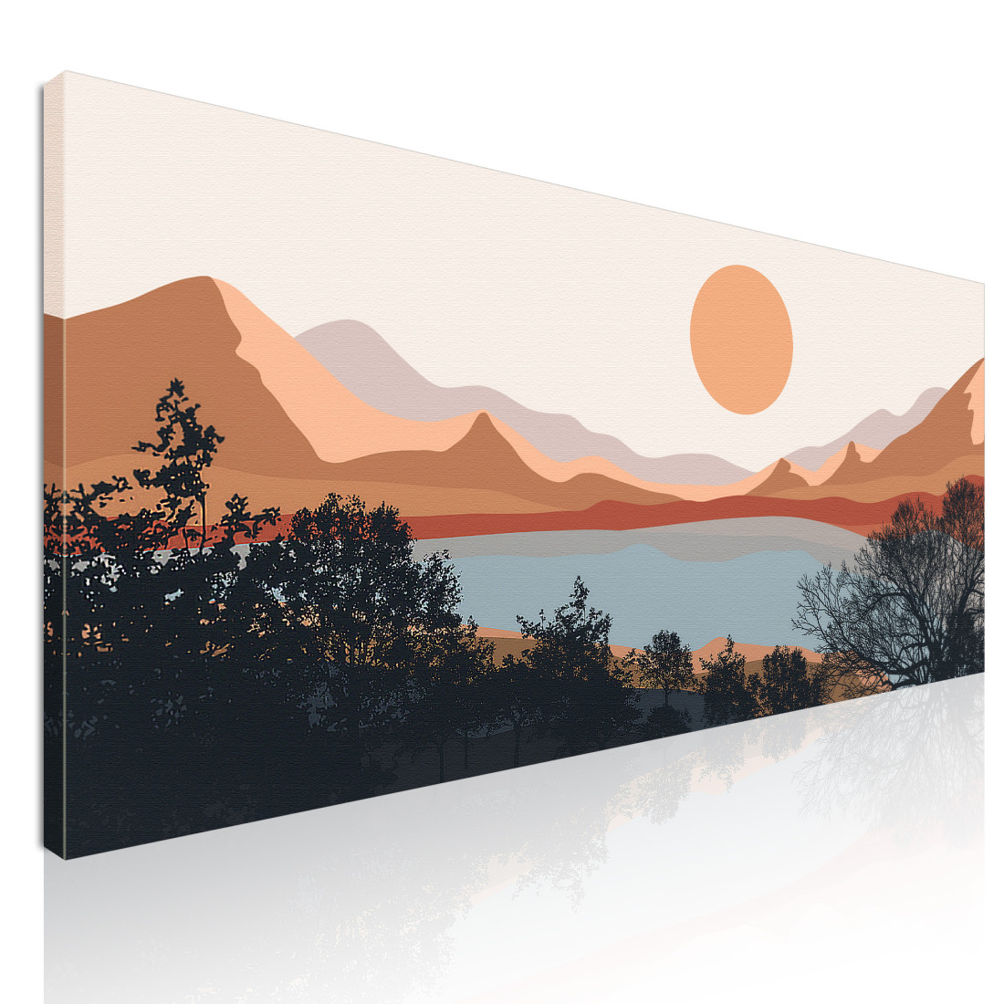 Quadro Boho Chic Illustrazione Paesaggio Lago Al Tramonto Con Montagne E Alberi bol16 quadro stampato su tela