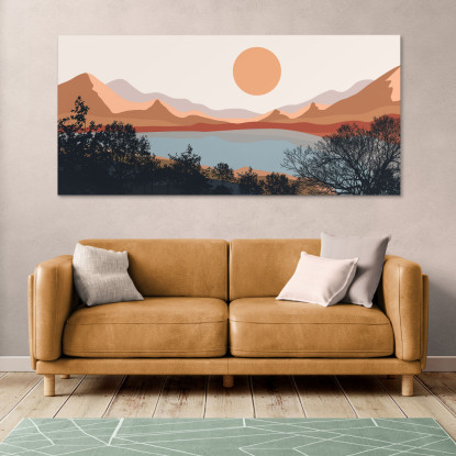 Quadro Boho Chic Illustrazione Paesaggio Lago Al Tramonto Con Montagne E Alberi bol16 quadro stampato su tela