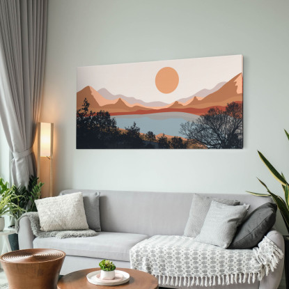 Quadro Boho Chic Illustrazione Paesaggio Lago Al Tramonto Con Montagne E Alberi bol16 quadro stampato su tela