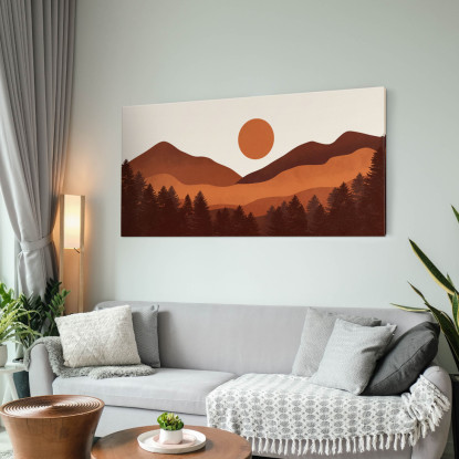 Quadro Boho Chic Illustrazione Paesaggio Paesaggio Montano Con Tramonto bol17 quadro stampato su tela