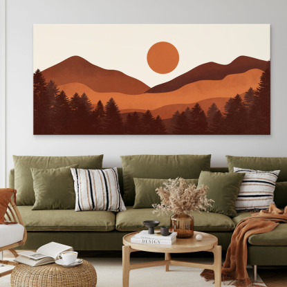 Quadro Boho Chic Illustrazione Paesaggio Paesaggio Montano Con Tramonto bol17 quadro stampato su tela