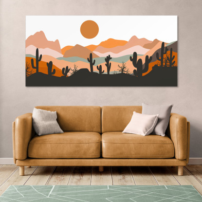 Quadro Boho Chic Illustrazione Paesaggio Montagne Con Cactus E Sole Al Tramonto bol18 quadro stampato su tela