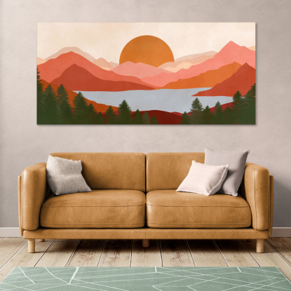 Quadro Boho Chic Illustrazione Paesaggio Montagne Rosse Con Lago E Tramonto bol19 quadro stampato su tela