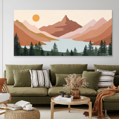 Quadro Boho Chic Illustrazione Paesaggio Montagne Sul Lago All'Alba bol20 quadro stampato su tela