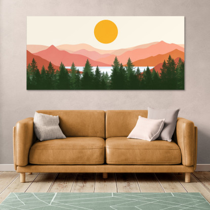 Quadro Boho Chic Illustrazione Paesaggio Foresta Di Pini Con Montagne E Sole bol23 quadro stampato su tela