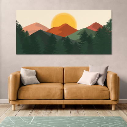 Quadro Boho Chic Illustrazione Paesaggio Montagne Arancioni Con Colline E Pini Verdi bol27 quadro stampato su tela