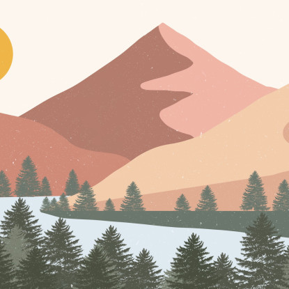 Quadro Boho Chic Illustrazione Paesaggio Paesaggio Montuoso Colorato Con Sole E Foresta Moderna bol29 quadro stampato su tela