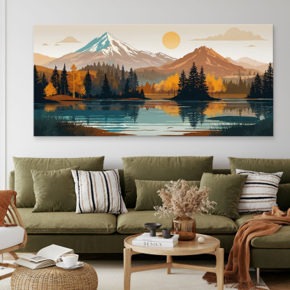 Quadro Boho Chic Illustrazione Paesaggio Paesaggio Montuoso Con Sole Foresta E Lago bol31 quadro stampato su tela