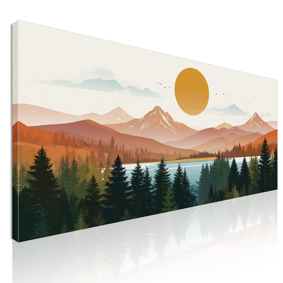 Quadro Boho Chic Illustrazione Paesaggio Montagne Con Alberi Sole Splendente bol32 quadro stampato su tela