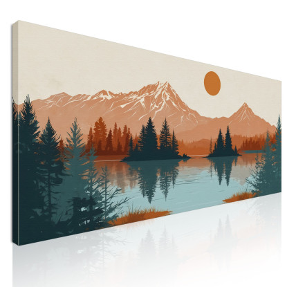 Quadro Boho Chic Illustrazione Paesaggio Montagne Riflesse Nel Lago Al Tramonto bol34 quadro stampato su tela