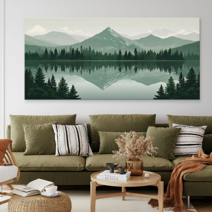 Quadro Boho Chic Illustrazione Paesaggio Riflessi Montani Su Lago Tranquillo bol39 quadro stampato su tela