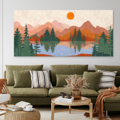 Quadro Boho Chic Illustrazione Paesaggio Tramonto Sul Lago Con Montagne E Alberi bol40 quadro stampato su tela