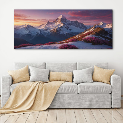 Quadro Montagne Tramonto Sulle Montagne Innevate Con Fiori Rosa mow36 quadro stampato su tela