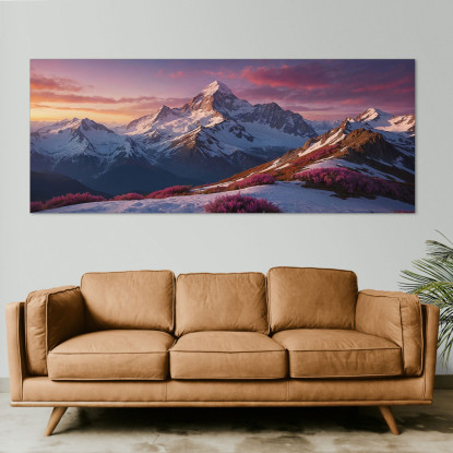 Quadro Montagne Tramonto Sulle Montagne Innevate Con Fiori Rosa mow36 quadro stampato su tela