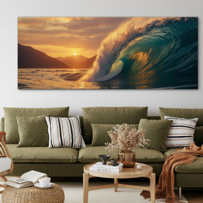 Quadro Paesaggio Mare Onda Al Tramonto Con Vista Montuosa seal17 quadro stampato su tela