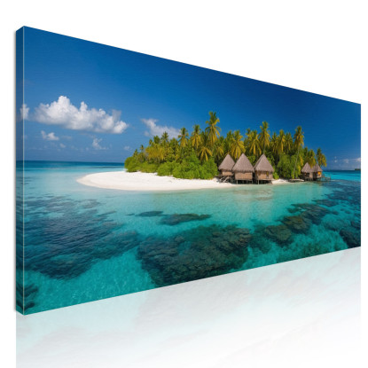 Quadro Paesaggio Mare Isola Tropicale Con Bungalow Su Acqua Turchese seal21 quadro stampato su tela