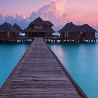 Quadro Paesaggio Mare Tramonto Incantevole Con Bungalow Alle Maldive seal22 quadro stampato su tela