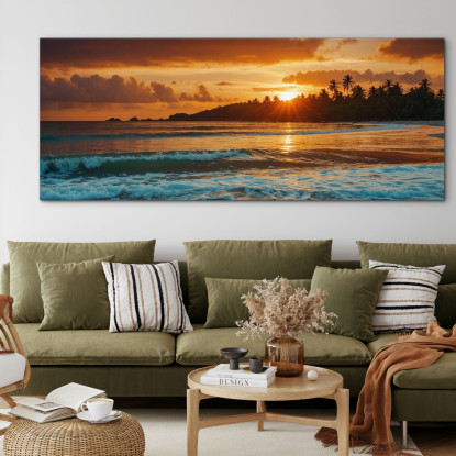 Quadro Paesaggio Mare Spiaggia Tropicale Al Tramonto Con Palme E Onde seal29 quadro stampato su tela