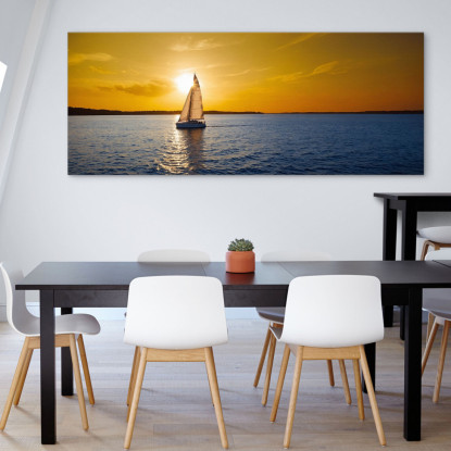 Quadro Paesaggio Mare Tramonto Dorato Con Barca A Vela In Mare seal39 quadro stampato su tela