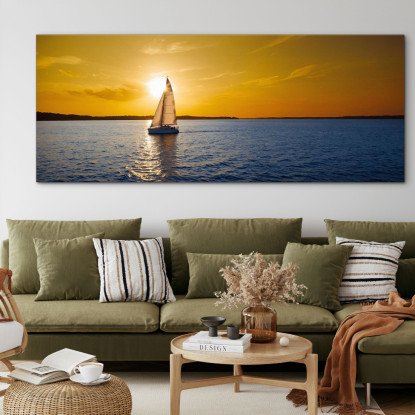 Quadro Paesaggio Mare Tramonto Dorato Con Barca A Vela In Mare seal39 quadro stampato su tela