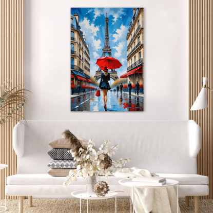Quadro Moderno Città Astratto Donna Chic Con Ombrello Rosso Tra Le Vie Di Parigi E Vista Sulla Tour Eiffel quadro stampato su t