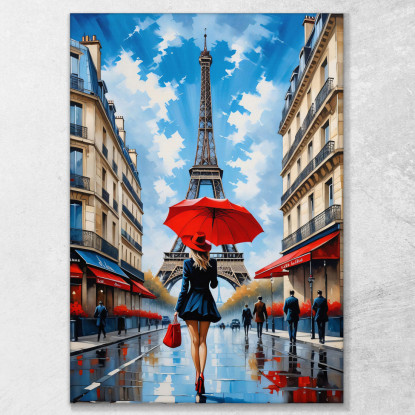 Quadro Moderno Città Astratto Donna Chic Con Ombrello Rosso Tra Le Vie Di Parigi E Vista Sulla Tour Eiffel quadro stampato su t