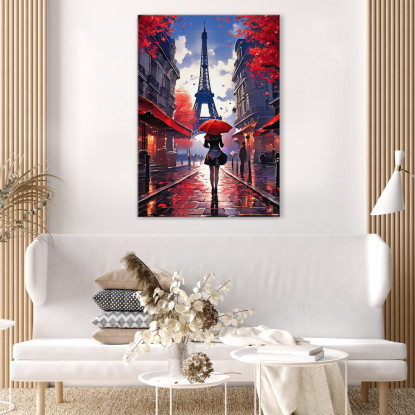 Pintura Moderna Ciudad Abstracta Mujer Con Paraguas Rojo Caminando En París Con Vistas A La Torre Eiffel cuadro en lienzo