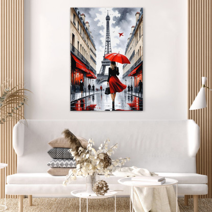Peinture Moderne Ville Abstraite Femme Élégante Avec Parapluie Rouge Marchant À Paris Avec La Tour Eiffel tableau impression su