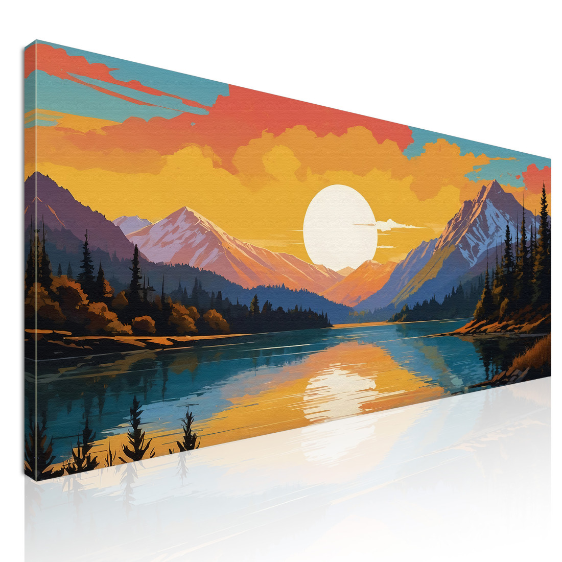 Quadro Boho Chic Illustrazione Paesaggio Montagna Innevata Al Tramonto Riflessa Nel Lago Con Alberi quadro stampato su tela Quadro Boho Chic Illustrazione Paesaggio Montagna Innevata Al Tramonto Riflessa Nel Lago Con Alberi quadro stampato su tela