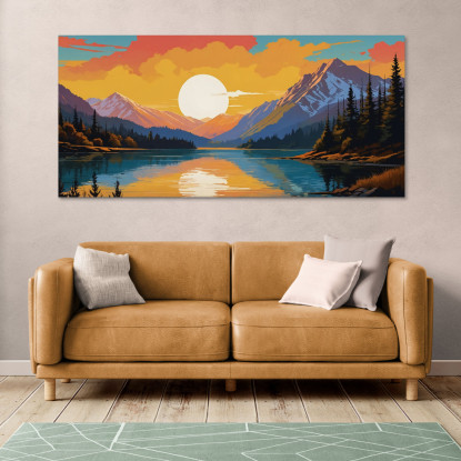 Quadro Boho Chic Illustrazione Paesaggio Montagna Innevata Al Tramonto Riflessa Nel Lago Con Alberi quadro stampato su tela