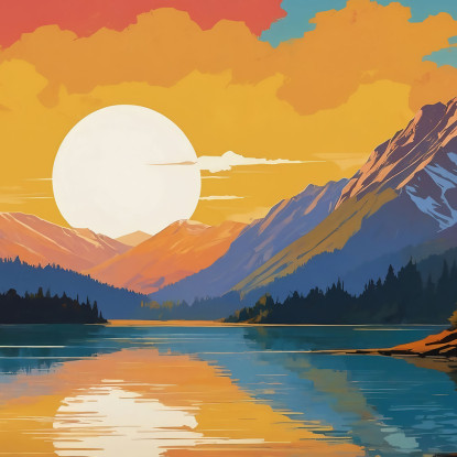 Boho Chic Painting Landscape Illustration Snow-Capped Mountain At Sunset Reflected In The Lake With Trees canvas print