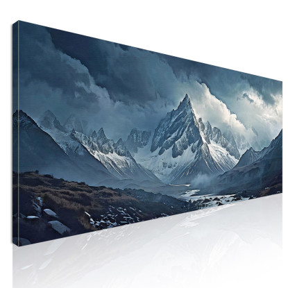 Canvas Print Mountains Snow-Capped Mountains Piercing The Mists With Jagged Peaks And Rocky Structures Under An Overcast Gray Sk