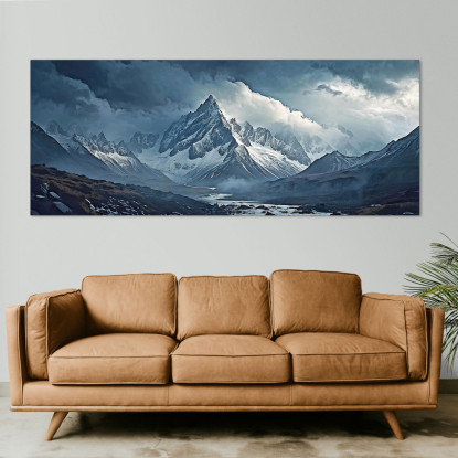 Canvas Print Mountains Snow-Capped Mountains Piercing The Mists With Jagged Peaks And Rocky Structures Under An Overcast Gray Sk