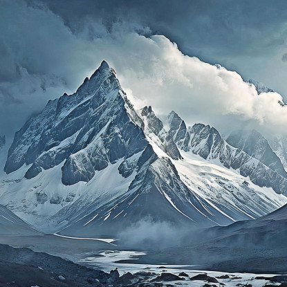 Canvas Print Mountains Snow-Capped Mountains Piercing The Mists With Jagged Peaks And Rocky Structures Under An Overcast Gray Sk