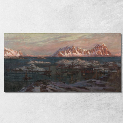 Porto Di Pescatori Con Montagne Illuminate Dal Sole. Studio Della Norvegia Settentrionale Anna Boberg abb16 quadro stampato su