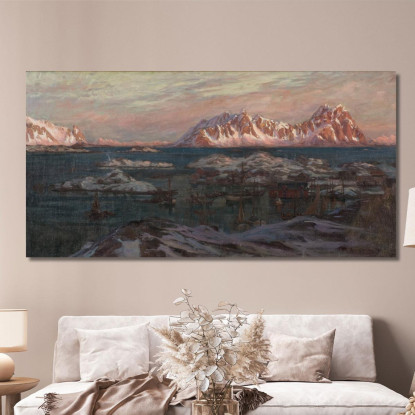 Porto Di Pescatori Con Montagne Illuminate Dal Sole. Studio Della Norvegia Settentrionale Anna Boberg abb16 quadro stampato su