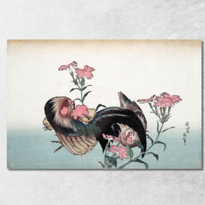 Gallo E Fiore katsushika hokusai khk11 quadro stampato su tela