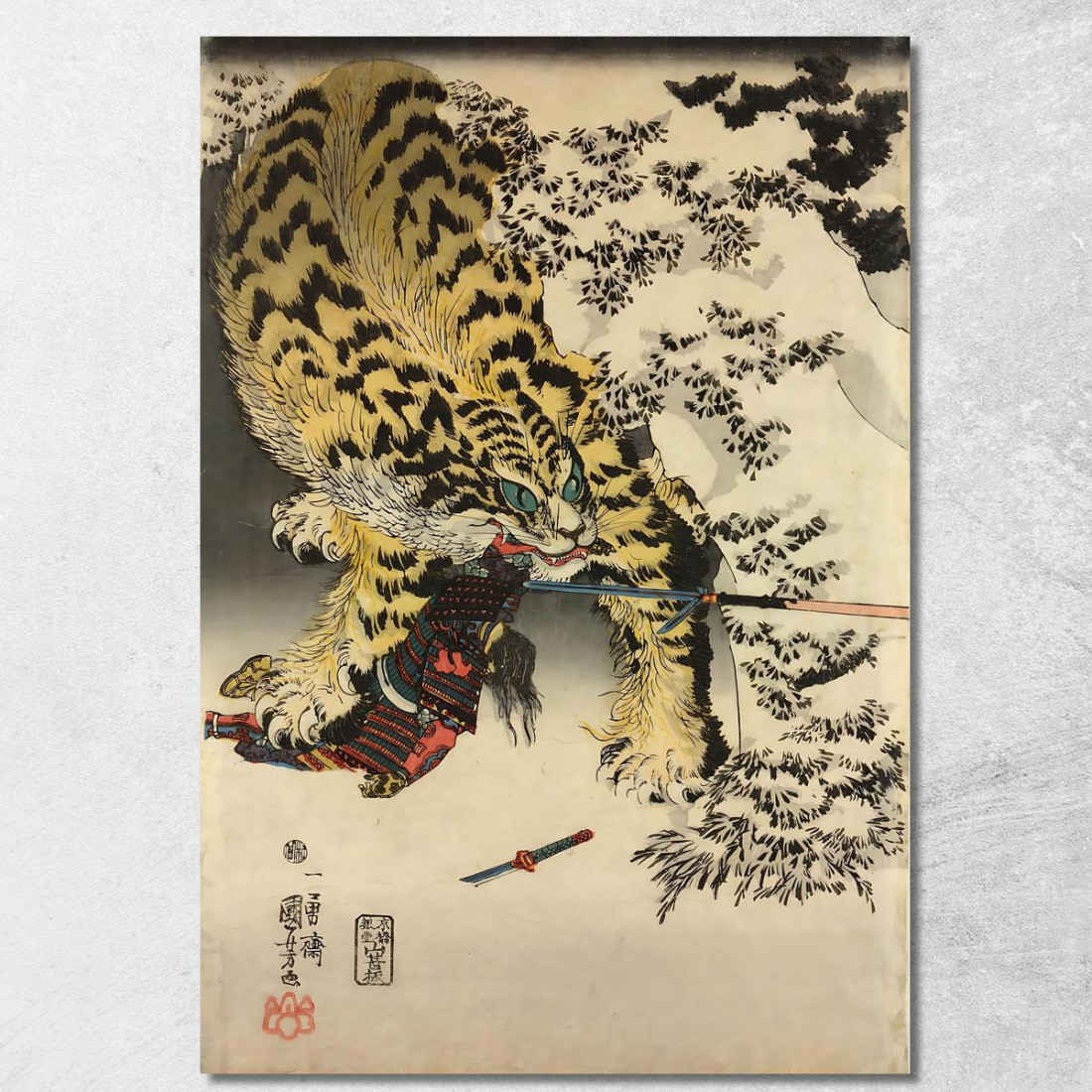 Stampa Trittico Xilografica Oban Tate-E. Koxinga Attacca Un'Enorme Tigre Utagawa Kuniyoshi ukn45 quadro stampato su tela Stampa Trittico Xilografica Oban Tate-E. Koxinga Attacca Un'Enorme Tigre Utagawa Kuniyoshi ukn45 quadro stampato su tela