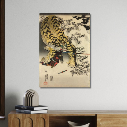 Stampa Trittico Xilografica Oban Tate-E. Koxinga Attacca Un'Enorme Tigre Utagawa Kuniyoshi ukn45 quadro stampato su tela