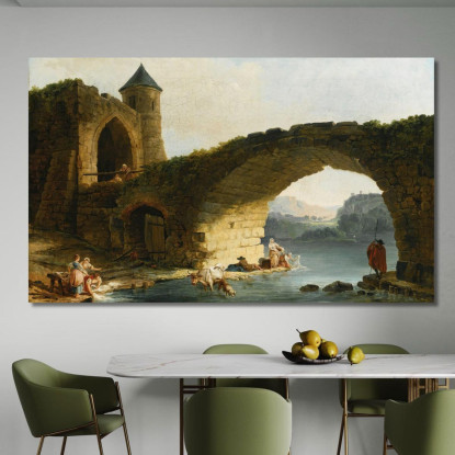 Un Paesaggio Fluviale Di Capriccio Con Lavandaie Vicino A Un Ponte In Rovina Hubert Robert hrb3 quadro stampato su tela