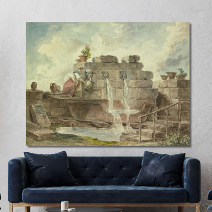 Una Fontana Romana Con Una Donna Che Raccoglie L'Acqua Hubert Robert hrb14 quadro stampato su tela