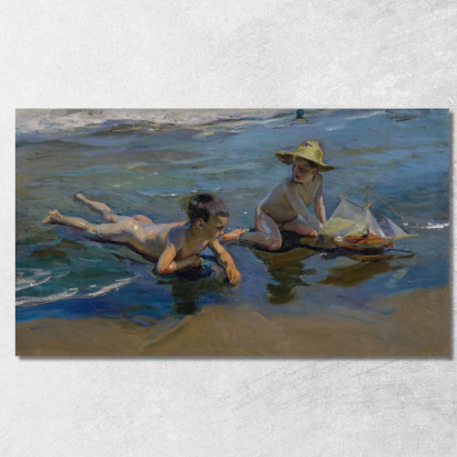 Niños En La Playa Bambini Che Giocano Sulla Spiaggia Joaquín Sorolla jsr70 quadro stampato su tela